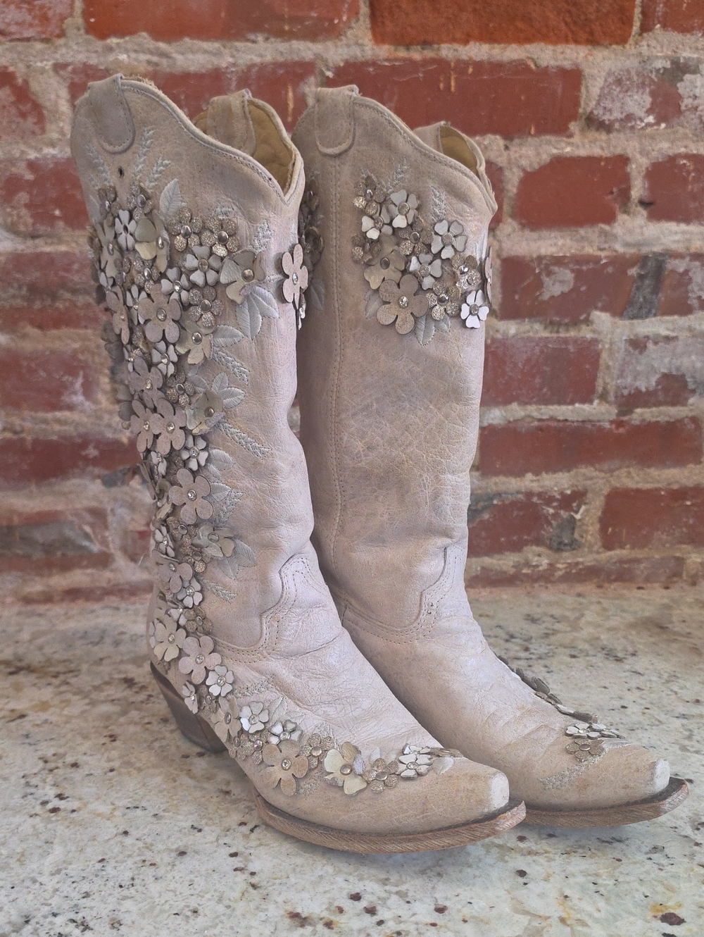 Women's Beige Floral Embellished Western Boots - 1631